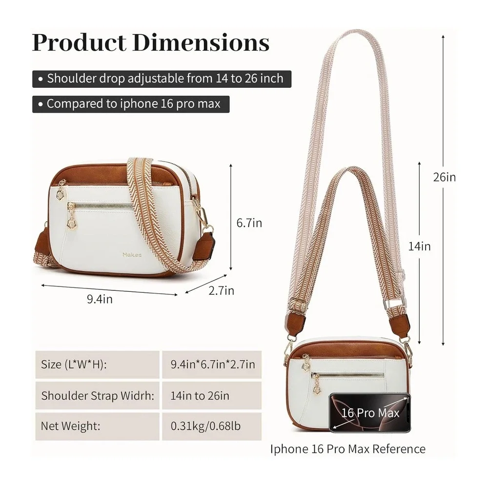 Makes Crossbody Bag Women Small White Two-Tone Woven Guitar Strap New